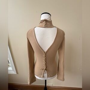 Beige Long Sleeve Sweater with Lace-Up Detail